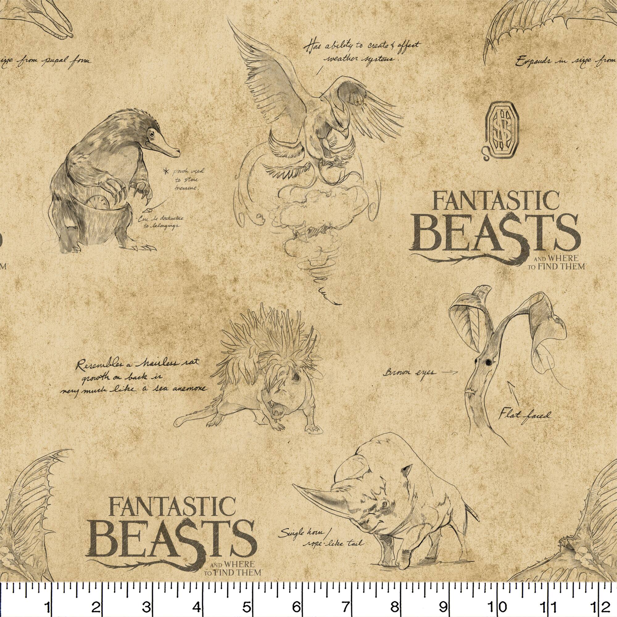 Fantastic Beasts™ Logo & Creatures Tan Cotton Fabric